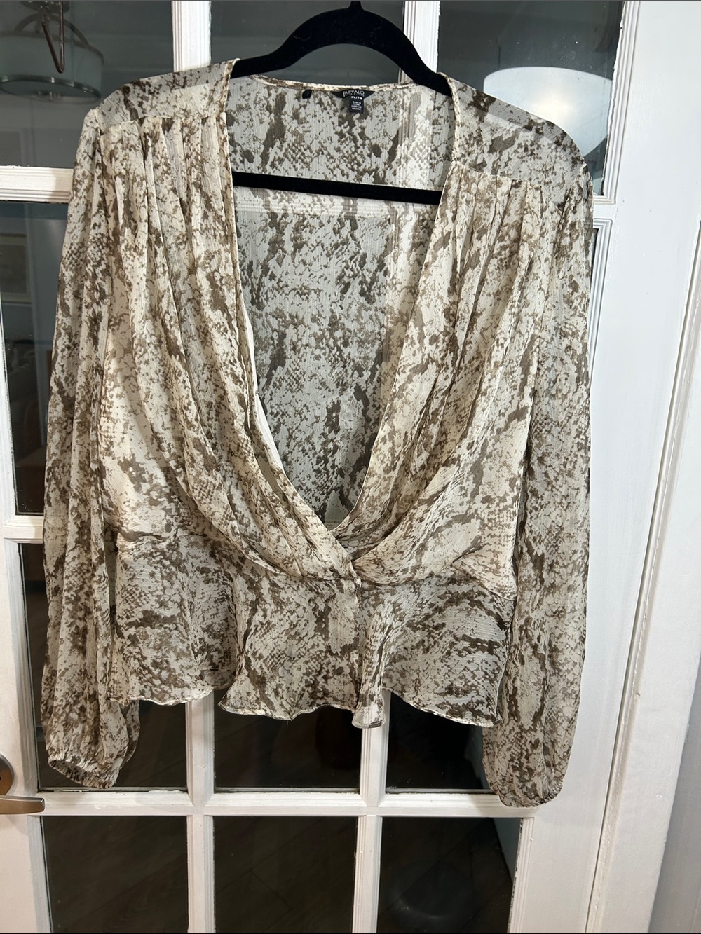 O78. Buffalo David Bitton Cream and Brown Snake-Print Surplice Blouse